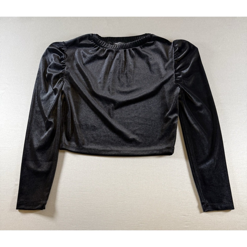 Nasty Gal Black Velvet Crop Top Puff Sleeve Grunge Goth Emo Witchy Women's 4 New